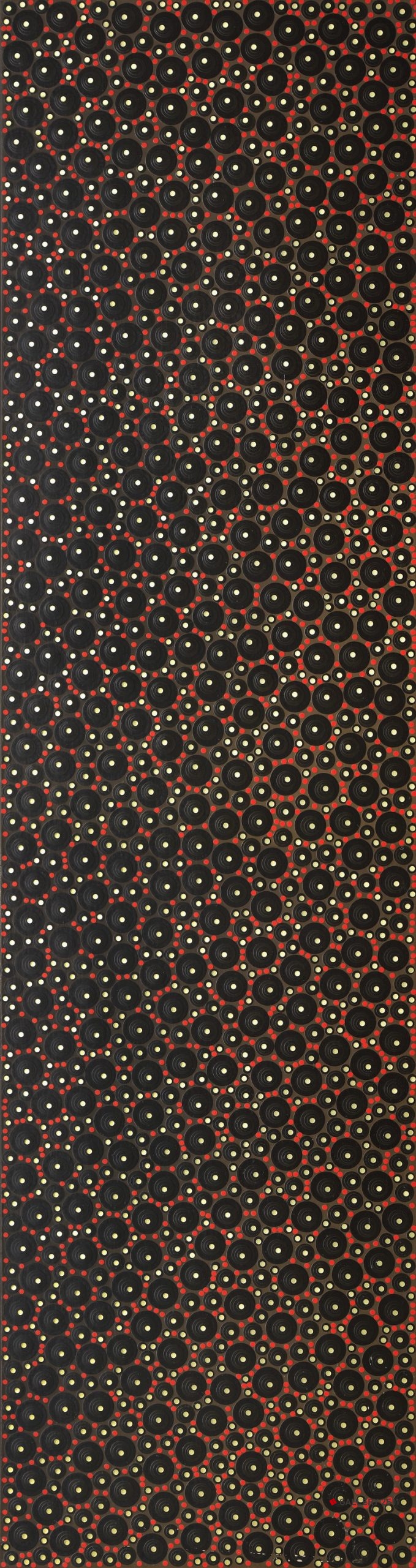 No.083 -「black and small red.gold on dark brown」
 캔버스、스티커, 
 W405mm × H1500mm, 
 1995